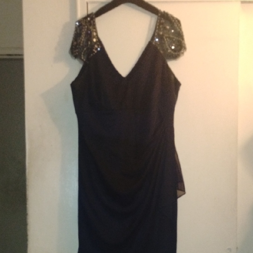 Xscape Black Midi Dress with Gold Sequin Cap Sleeves